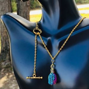 Gold Toggle Necklace with Crocheted Bead pendant
